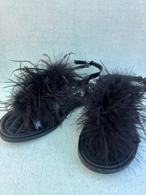 Black Patent Feather Slide Sandals